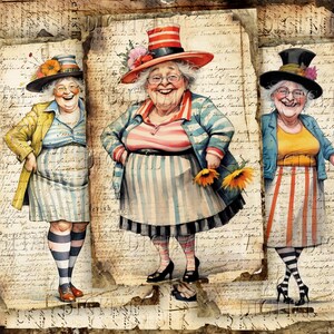 May include: Three women wearing colorful striped dresses and hats with whimsical designs. The women are smiling and holding sunflowers. The background is a vintage-style paper with handwritten text.
