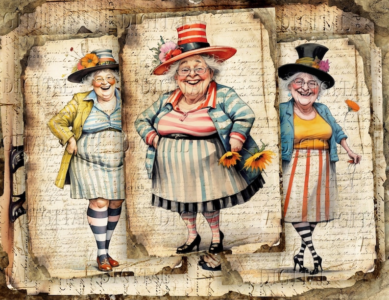 May include: Three women wearing colorful striped dresses and hats with whimsical designs. The women are smiling and holding sunflowers. The background is a vintage-style paper with handwritten text.
