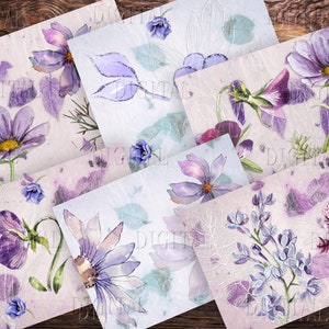 Carta da giornale con margherite acquarellabili, delicati fiori viola, carta digitale con margherite, clipart di fiori selvatici, PDF