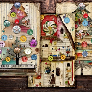 A collage of three images featuring Christmas trees decorated with colorful buttons, ornaments, and other embellishments. The trees are set against a background of vintage paper and music sheets. DigitalFit Etsy store: https://www.etsy.com/shop/DigitalFit