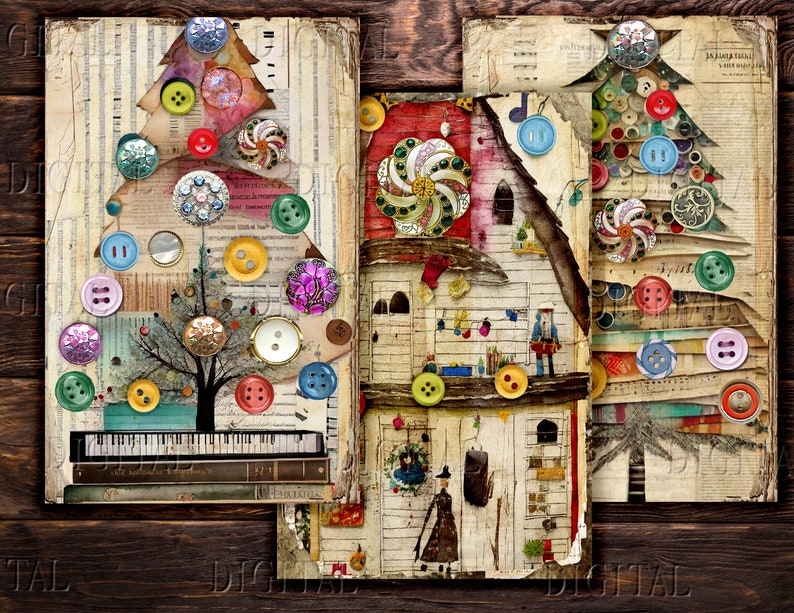A collage of three images featuring Christmas trees decorated with colorful buttons, ornaments, and other embellishments. The trees are set against a background of vintage paper and music sheets. DigitalFit Etsy store: https://www.etsy.com/shop/DigitalFit