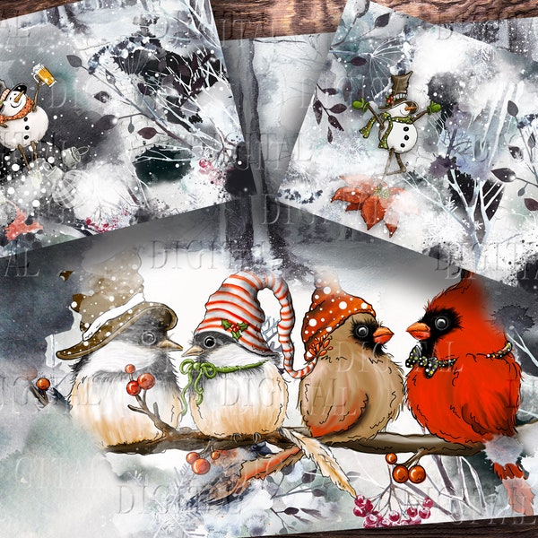 Pages de journal indésirable de bonne année, oiseaux d'hiver et bonhommes de neige, papier numérique pour scrapbooking, feuilles de collage de Noël, PDF