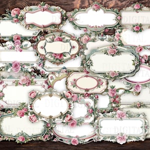Französische Rose Etiketten, 30 leere Junk-Journal Etiketten, pingelige Schnitte, digitaler Download, PDF