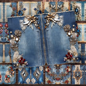 May include: A collage of 12 digital scrapbook paper designs featuring denim fabric with embellishments of rhinestones, jewels, and lace. The designs are perfect for crafting projects, scrapbooking, and digital art.