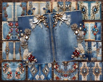 Denim desgastado y gemas, 18 páginas de cuaderno de recortes de mezclilla, diamantes de imitación, papel digital, PDF
