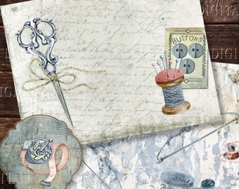 May include: Vintage sewing supplies on a distressed background. A pair of ornate silver scissors with a gold ribbon, a spool of thread, a pincushion with needles, and a card with the word "BUTTONS" and three buttons.