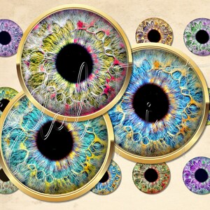 May include: A set of ten colorful eye-shaped digital paper designs with gold frames. The eyes are detailed with intricate patterns and textures.