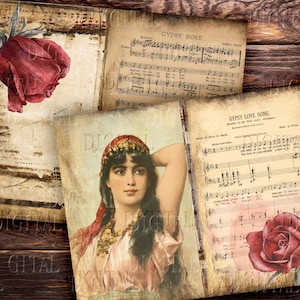 Diario basura Gypsy Soul, canciones de amor gitanas, papel vintage boho grunge, 15 páginas, PDF