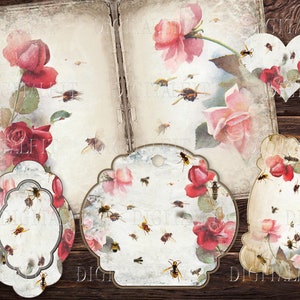 May include: Four vintage-style gift tags with a floral theme. Each tag features a different design with roses, bees, and a distressed background. The tags are perfect for adding a touch of vintage charm to gifts.