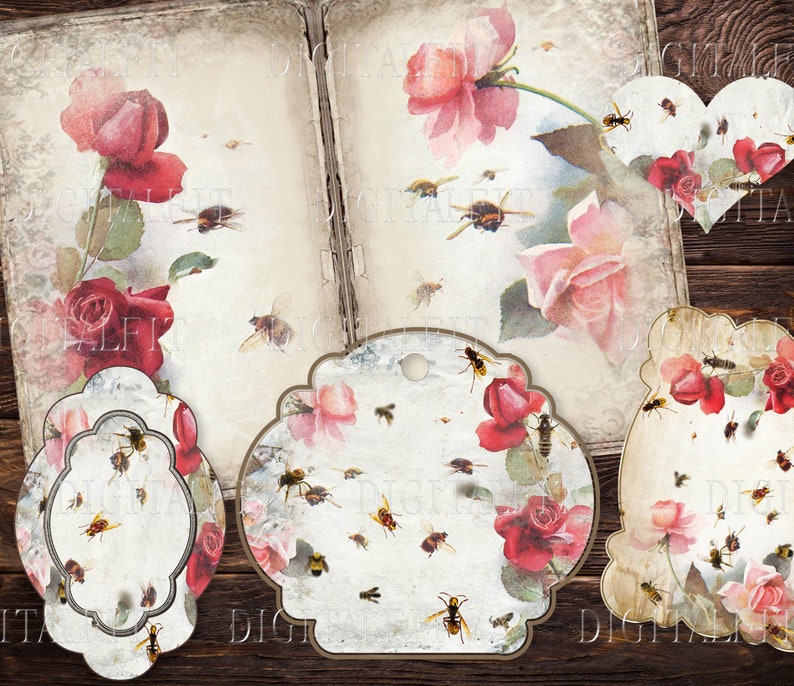 May include: Four vintage-style gift tags with a floral theme. Each tag features a different design with roses, bees, and a distressed background. The tags are perfect for adding a touch of vintage charm to gifts.