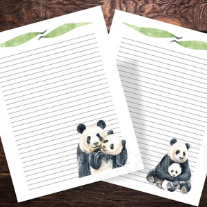 Afdrukbaar digitaal papier Panda Bear & Panda Baby, Chinese panda, 4 pagina's, direct downloaden, gelinieerd briefpapier, 8,5 x 11, jpg, pdf