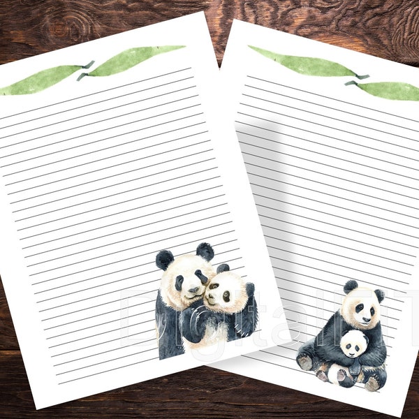 Panda Bear & Panda Baby Printable Digital Paper, Panda chinois, 4 Pages, Téléchargement instantané, Papier à lettre ligné, 8.5x11, JPG, PDF