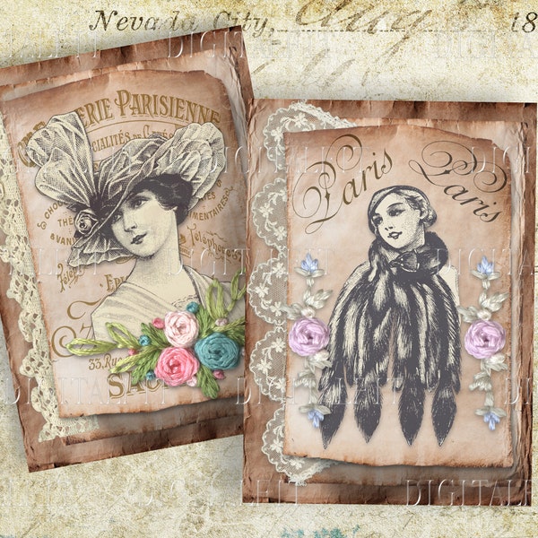 Vintage Women Fashion,  10 Digital Journal Cards,  Printable ATC Catds,  Size,  Collage Sheet , PDF