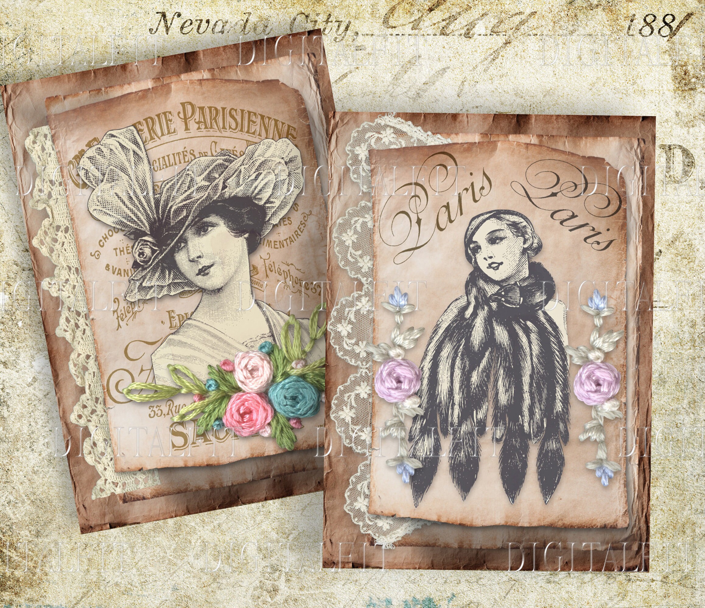 Vintage Women Fashion,  10 Digital Journal Cards,  Printable ATC Catds,  Size,  Collage Sheet , PDF