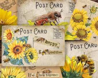 Cartes postales de tournesols d'abeille, éphémères imprimables d'abeilles vintage, 6 cartes de journal indésirable de tournesol