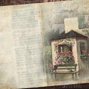 Peut inclure: Une carte postale vintage repr&eacute;sentant une peinture &agrave; l'aquarelle d'une petite maison avec une jardini&egrave;re remplie de fleurs roses et rouges. Un coq et un banc se trouvent au premier plan.