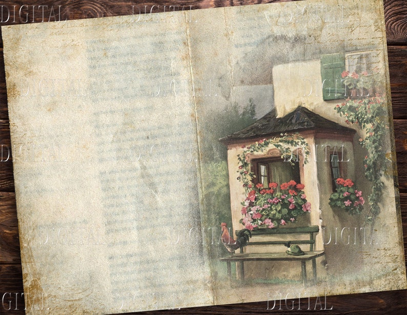 Peut inclure: Une carte postale vintage repr&eacute;sentant une peinture &agrave; l'aquarelle d'une petite maison avec une jardini&egrave;re remplie de fleurs roses et rouges. Un coq et un banc se trouvent au premier plan.