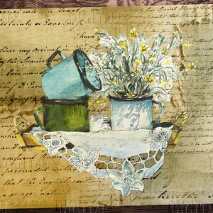 May include: A watercolor painting of a still life with three mugs and a bouquet of yellow flowers in a blue and white mug. The mugs are on a wooden surface with a white lace doily. The background is a vintage-looking piece of paper with handwritten text.