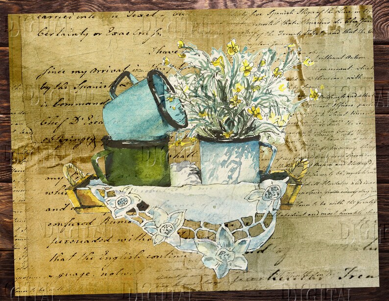 May include: A watercolor painting of a still life with three mugs and a bouquet of yellow flowers in a blue and white mug. The mugs are on a wooden surface with a white lace doily. The background is a vintage-looking piece of paper with handwritten text.