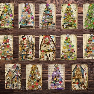 Twelve vintage Christmas cards featuring a variety of designs, including Christmas trees, houses, and snowmen. The cards are decorated with buttons, ribbons, and other embellishments. The cards are all set against a wooden background. DigitalFit Etsy store: https://www.etsy.com/shop/DigitalFit