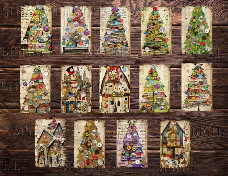 Twelve vintage Christmas cards featuring a variety of designs, including Christmas trees, houses, and snowmen. The cards are decorated with buttons, ribbons, and other embellishments. The cards are all set against a wooden background. DigitalFit Etsy store: https://www.etsy.com/shop/DigitalFit