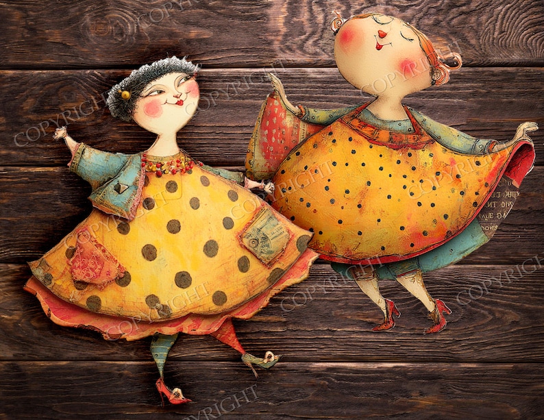 May include: Two whimsical, stylized figures in a folk art style, dancing on a dark wood background. The figures wear yellow polka-dot dresses, red shoes, and blue jackets. The artwork has a vintage, storybook feel.
