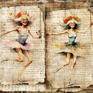 Watercolor illustration of two elderly women dancing in ballet attire. They wear floral crowns, light blue tops, and tutus. One holds a red rose. The background is aged paper with handwritten text, creating a vintage aesthetic. DigitalFit Etsy Store: https://www.etsy.com/shop/DigitalFit