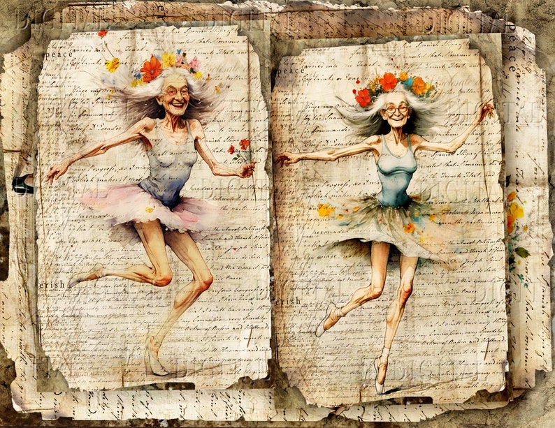 Watercolor illustration of two elderly women dancing in ballet attire. They wear floral crowns, light blue tops, and tutus. One holds a red rose. The background is aged paper with handwritten text, creating a vintage aesthetic. DigitalFit Etsy Store: https://www.etsy.com/shop/DigitalFit