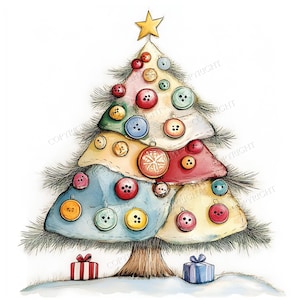 Árvore de Natal de botões, Árvore de Natal caprichosa, 24 cartões de Natal JPG em aquarela de alta resolução, JPG, zip, PDF, uso comercial