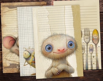 Funny Whimsical Lined Paper, 14 Quirky Printable Half Pages, Digital Craft Kit, PDF