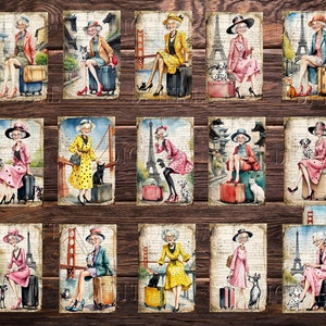 Puede incluir: Un collage de 16 im&aacute;genes que presentan a una mujer con diferentes atuendos y poses, cada una sosteniendo una maleta y un animal peque&ntilde;o. Las im&aacute;genes est&aacute;n sobre un fondo de superficie de madera y presentan varios puntos de referencia, incluida la Torre Eiffel y el Puente Golden Gate.