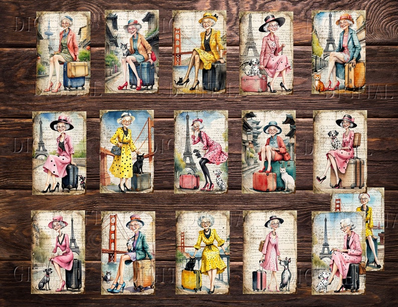 Puede incluir: Un collage de 16 im&aacute;genes que presentan a una mujer con diferentes atuendos y poses, cada una sosteniendo una maleta y un animal peque&ntilde;o. Las im&aacute;genes est&aacute;n sobre un fondo de superficie de madera y presentan varios puntos de referencia, incluida la Torre Eiffel y el Puente Golden Gate.