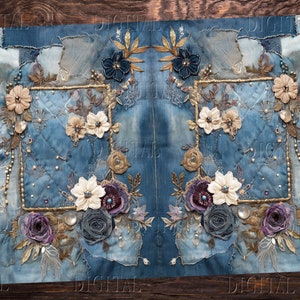 May include: A blue denim fabric with embroidered flowers in shades of white, brown, and purple. The flowers are arranged in a symmetrical pattern on the fabric, which is quilted and has a distressed look.