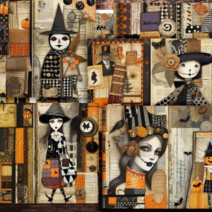 Collage de Halloween, hojas de diario basura, páginas imprimibles de efímeras, negro y naranja, 5,5" x 8,5"