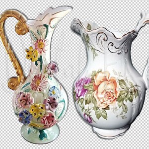 K&ouml;nnte beinhalten: Zwei wei&szlig;e Keramikkr&uuml;ge mit Blumendesigns. Ein Krug hat einen goldenen Henkel und einen gr&uuml;nen Sockel mit 3D-Blumen. Der andere Krug hat einen wei&szlig;en Henkel und einen wei&szlig;en Sockel mit einem Blumendesign.