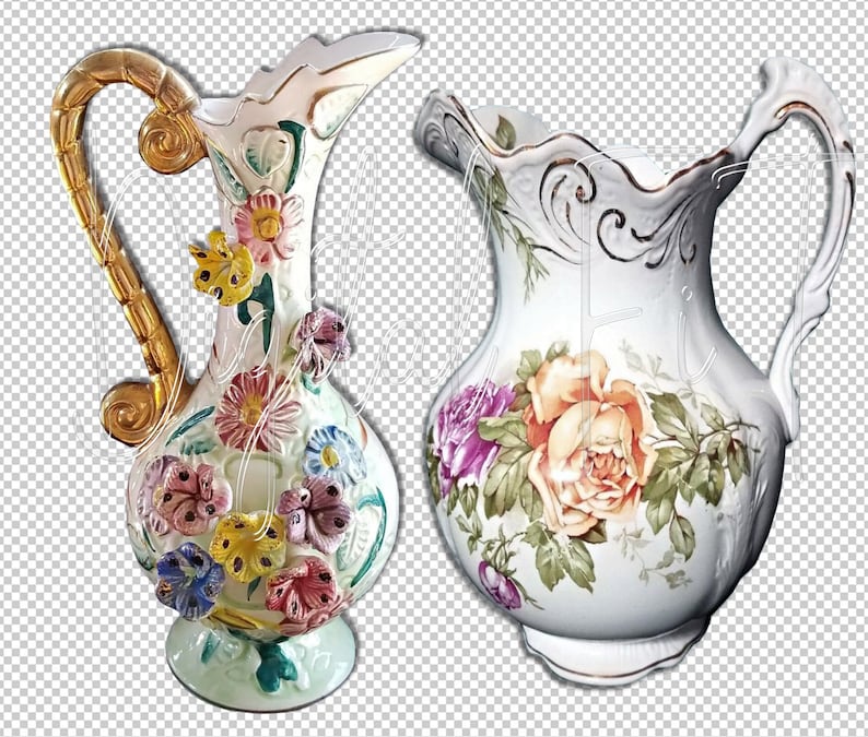 K&ouml;nnte beinhalten: Zwei wei&szlig;e Keramikkr&uuml;ge mit Blumendesigns. Ein Krug hat einen goldenen Henkel und einen gr&uuml;nen Sockel mit 3D-Blumen. Der andere Krug hat einen wei&szlig;en Henkel und einen wei&szlig;en Sockel mit einem Blumendesign.