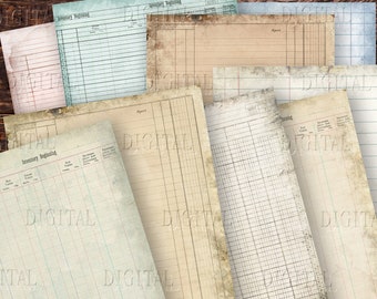 Printable Ledger Paper, 15 Ledger Junk Journal Pages, Old Ledger Paper Pack,  PDF