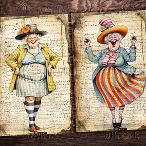 May include: Two illustrations of women wearing colorful hats and dresses. The women are smiling and have a whimsical, cartoon-like style. The illustrations are set against a background of old, handwritten text.