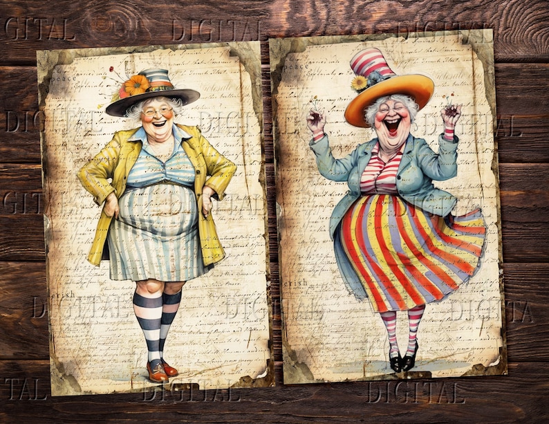 May include: Two illustrations of women wearing colorful hats and dresses. The women are smiling and have a whimsical, cartoon-like style. The illustrations are set against a background of old, handwritten text.
