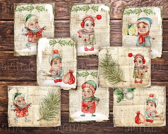 Może przedstawiać: Zestaw kartek świątecznych w stylu vintage z ilustracjami dzieci w zimowych strojach. Każda kartka przedstawia dziecko zaangażowane w zimowe aktywności, takie jak jazda na łyżwach lub noszenie prezentów, na tle postarzanego papieru i świątecznych akcentów.