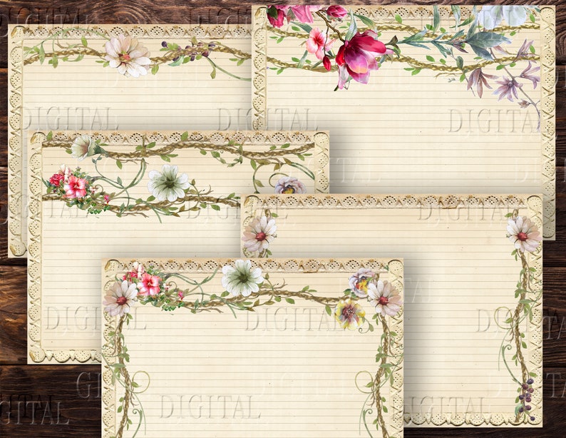 May include: Five printable digital papers with a vintage aesthetic. Each paper features a floral border with white, pink, and green flowers and vines. The papers have a lined background.