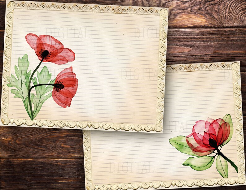 Printable Lined Paper Download 16 Poppy Flower Lined &amp; Blank - Etsy
