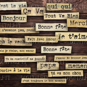 May include: A rustic wooden background with various pieces of paper with French phrases written on them. The phrases include "Bonjour", "Ca Va", "Tout Va Bien", "Bonne Fete", "Je t'aime", "Oh la Vach", "Sourire a la Vie", "C'est toujours le bon moment", "L'amour Ne Renonce Jamais", "Qui n'avance pas, recul", "Fait Avec Amour", "Merci", "Tu as ensoleille ma journee", "Mais je t'aime, mon amour", "Papa", "Maman", "Tu es mon chou", and "C'est la vie".