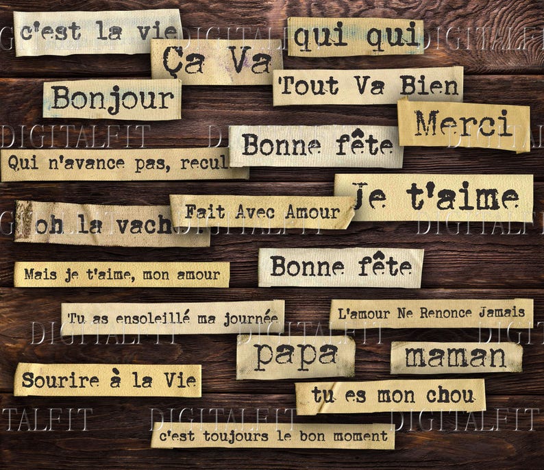 May include: A rustic wooden background with various pieces of paper with French phrases written on them. The phrases include "Bonjour", "Ca Va", "Tout Va Bien", "Bonne Fete", "Je t'aime", "Oh la Vach", "Sourire a la Vie", "C'est toujours le bon moment", "L'amour Ne Renonce Jamais", "Qui n'avance pas, recul", "Fait Avec Amour", "Merci", "Tu as ensoleille ma journee", "Mais je t'aime, mon amour", "Papa", "Maman", "Tu es mon chou", and "C'est la vie".