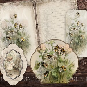 May include: A vintage style digital paper pack with images of bees and flowers. The paper pack includes a girl in a white dress, a tag with bees and flowers, and a journal page with bees and flowers.
