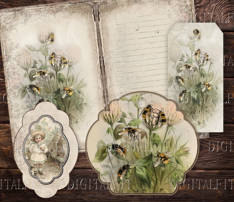 May include: A vintage style digital paper pack with images of bees and flowers. The paper pack includes a girl in a white dress, a tag with bees and flowers, and a journal page with bees and flowers.