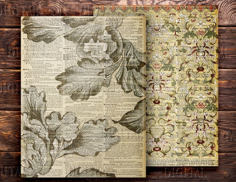 May include: Three vintage dictionary pages featuring floral illustrations. The pages are yellowed with age and have a worn, antique appearance. The illustrations are in shades of brown and green and feature intricate details.