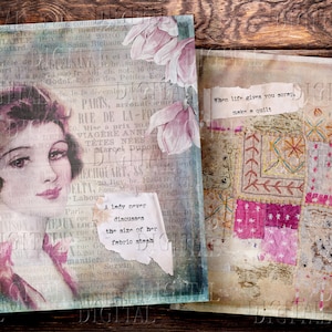 Citações de quilting, fundo digital de garota vintage, papel de diário de lixo, presentes para quilters, PDF