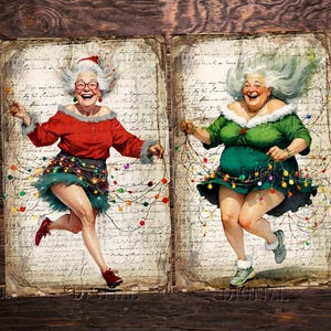 Two women wearing Christmas lights as a skirt and holding more lights, one in red and one in green, on a vintage background.