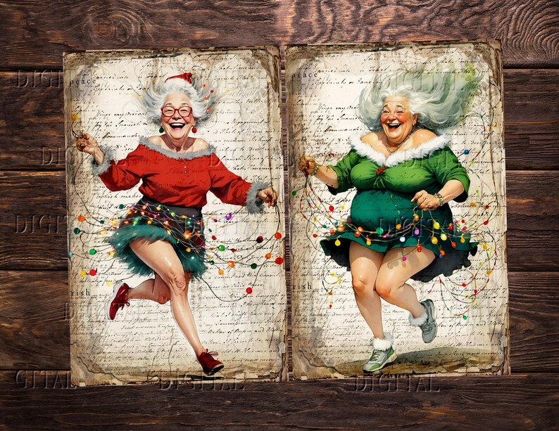 Two women wearing Christmas lights as a skirt and holding more lights, one in red and one in green, on a vintage background.